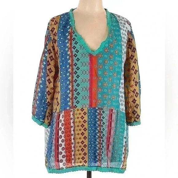 Johnny Was Long Sleeve Top 100% Silk Large L tunic blouse shirt color block - Picture 2 of 5